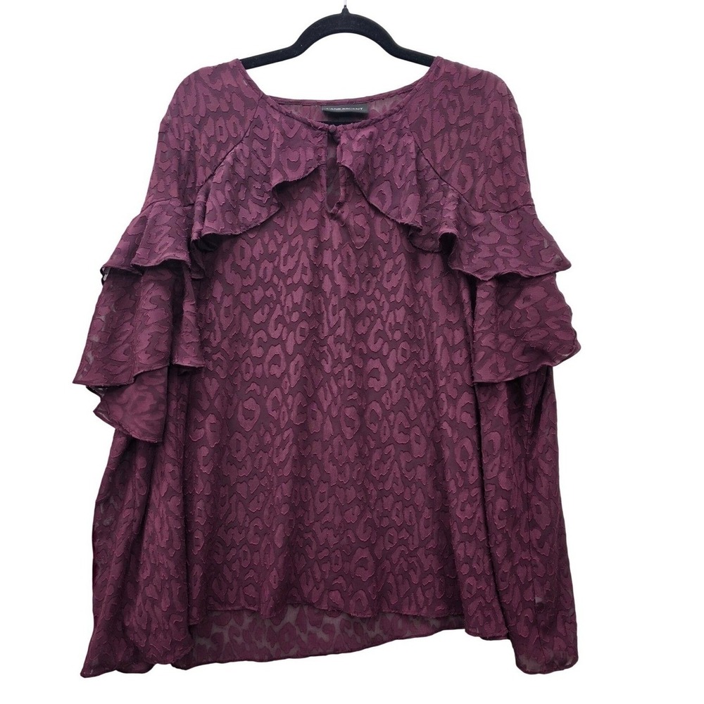 Lane Bryant Womens‎ 28 Burgundy Leopard Burnout Tiered Ruffle Sleeve Blouse Top